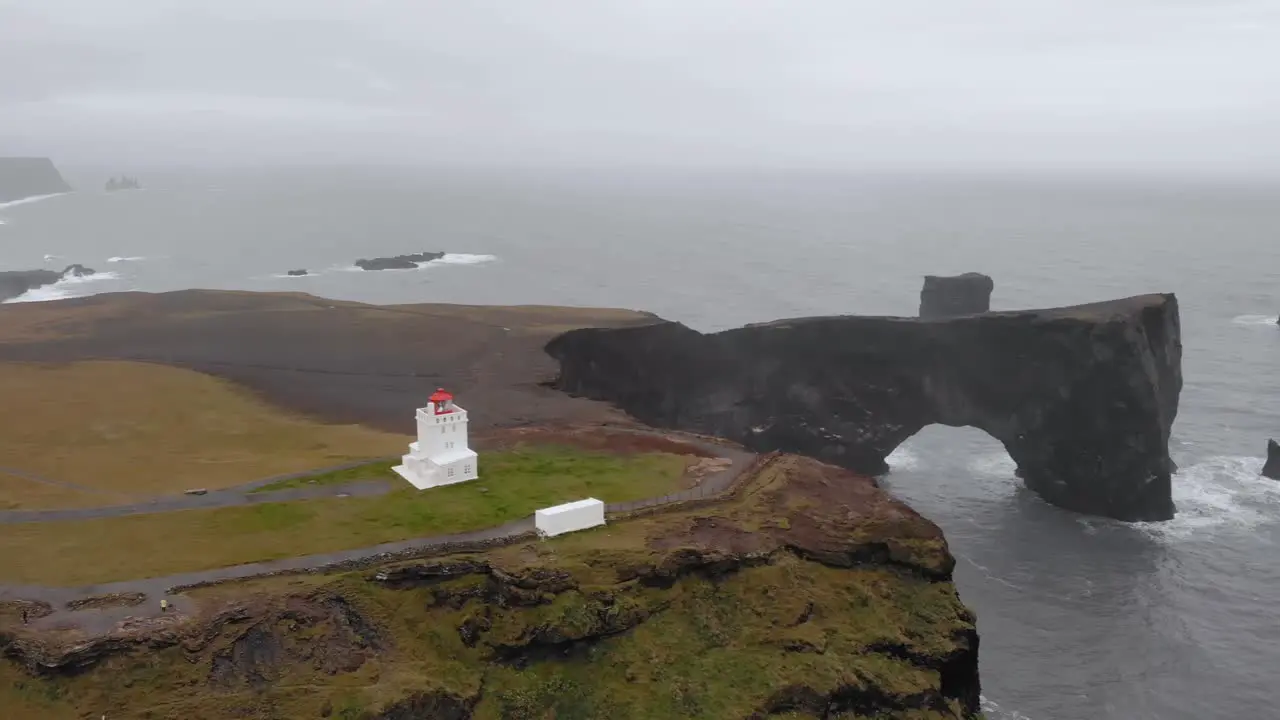 Aerial of Dyrhólaey viewpoint cliff near the sea Iceland white lighthouse