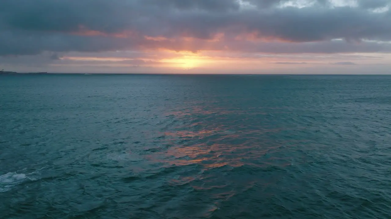 Romantic aerial footage of surfacing whale on open sea View against colourful sunset sky