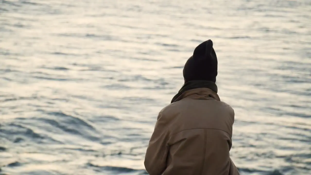 Slow Motion Of Man Watching Sunset In Cam Sea View Cadiz Spain