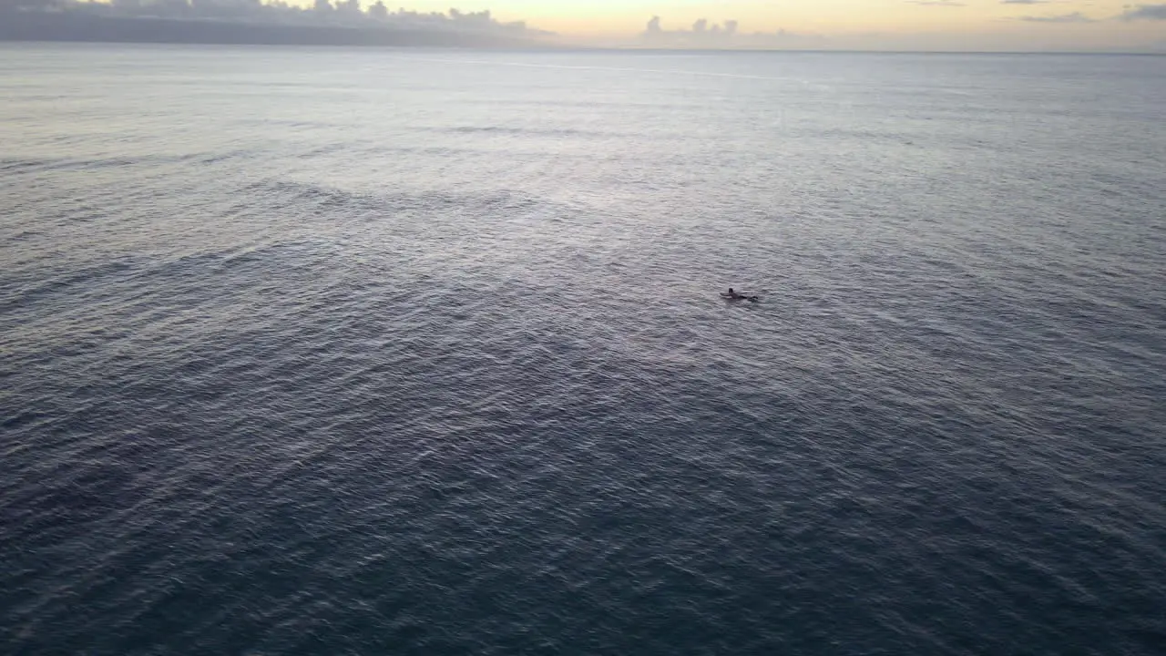 Single man swim on surfboard on Pacific Ocean at sunset