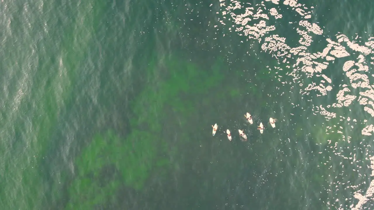 Drone pan aerial videography shot of surfers waiting on ocean reef Central Coast NSW Australia 3840x2160 4K