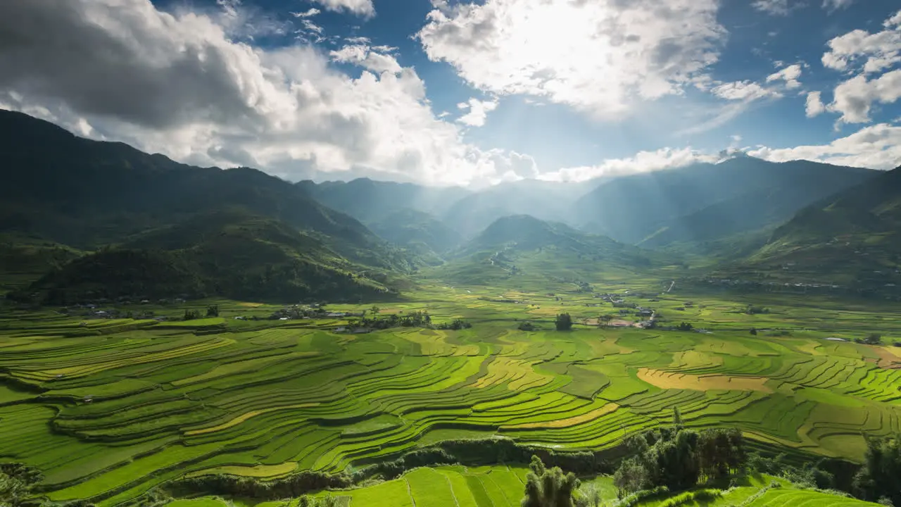 Beautiful scene of sun beam over Mu Cang Chai rice terrace in Vietnam