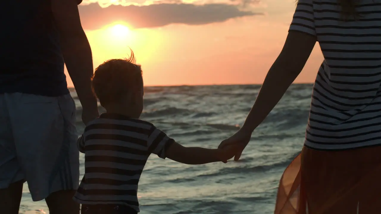 Family looking at sunset holding hands