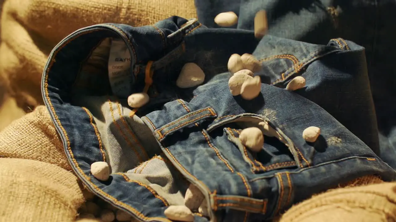 pumice stones are falling on jeans in slow motion