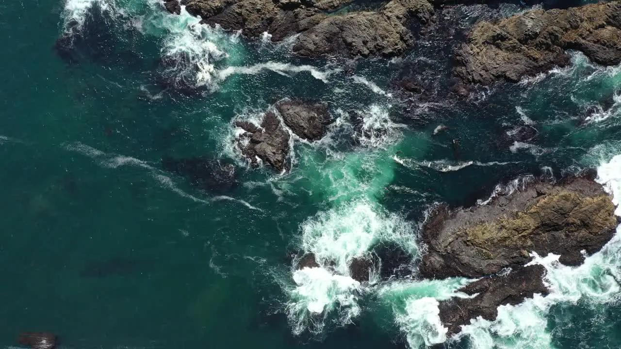 Waves Breaking On Rocky Coastline Of Big Sur In California aerial top down