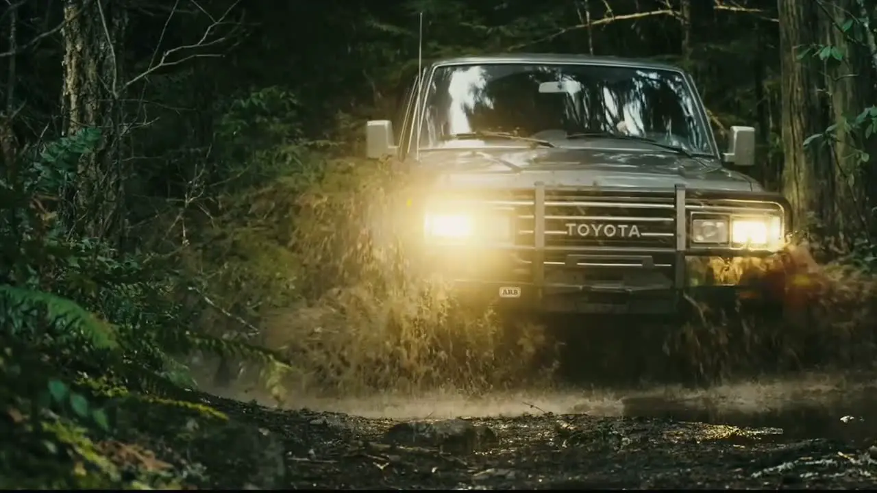 Toyota Car with powerful momentum on bumpy muddy trail in forest