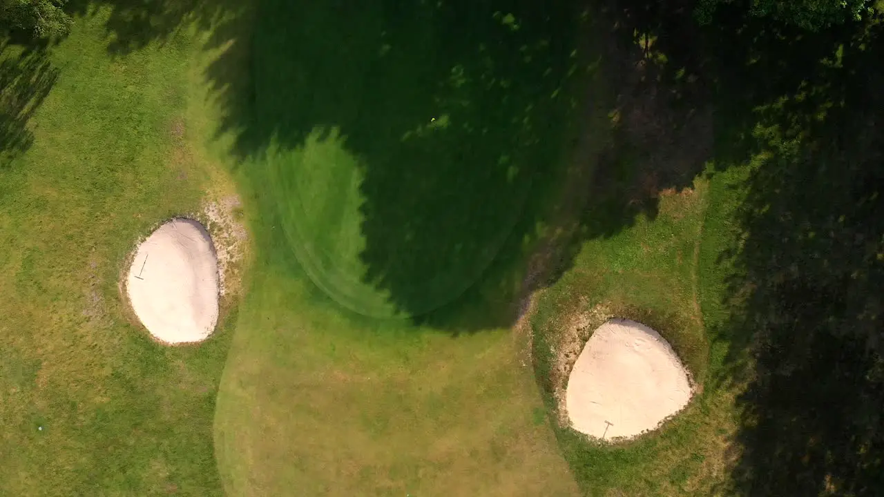 Overhead Rotating Aerial Shot of English Golf Green and Bunkers