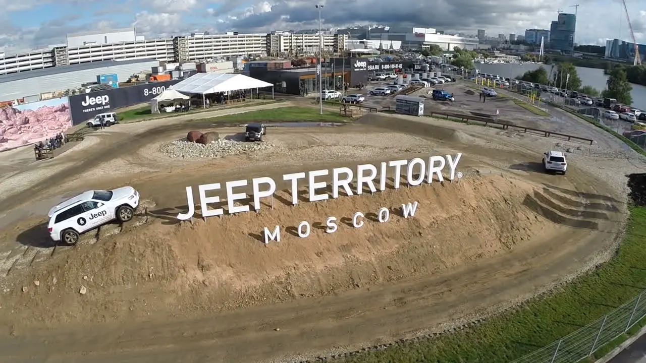 Flying over the Jeep off-road vehicles at test drive