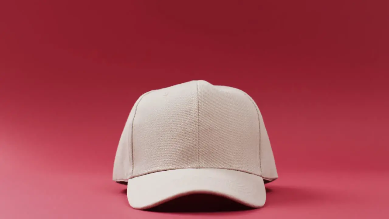 Video of beige baseball cap and copy space on red background