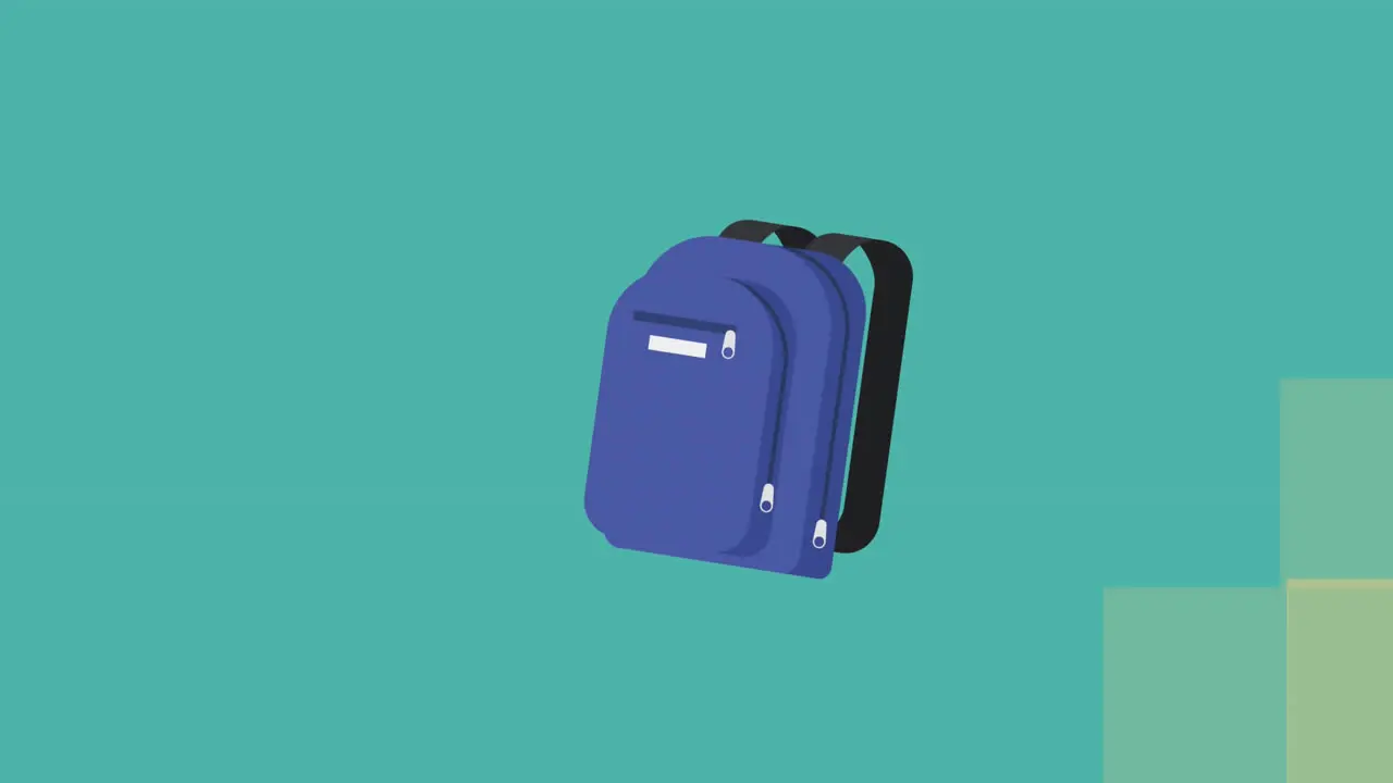 Animation of school bag icon floating against sqaured textured blue background