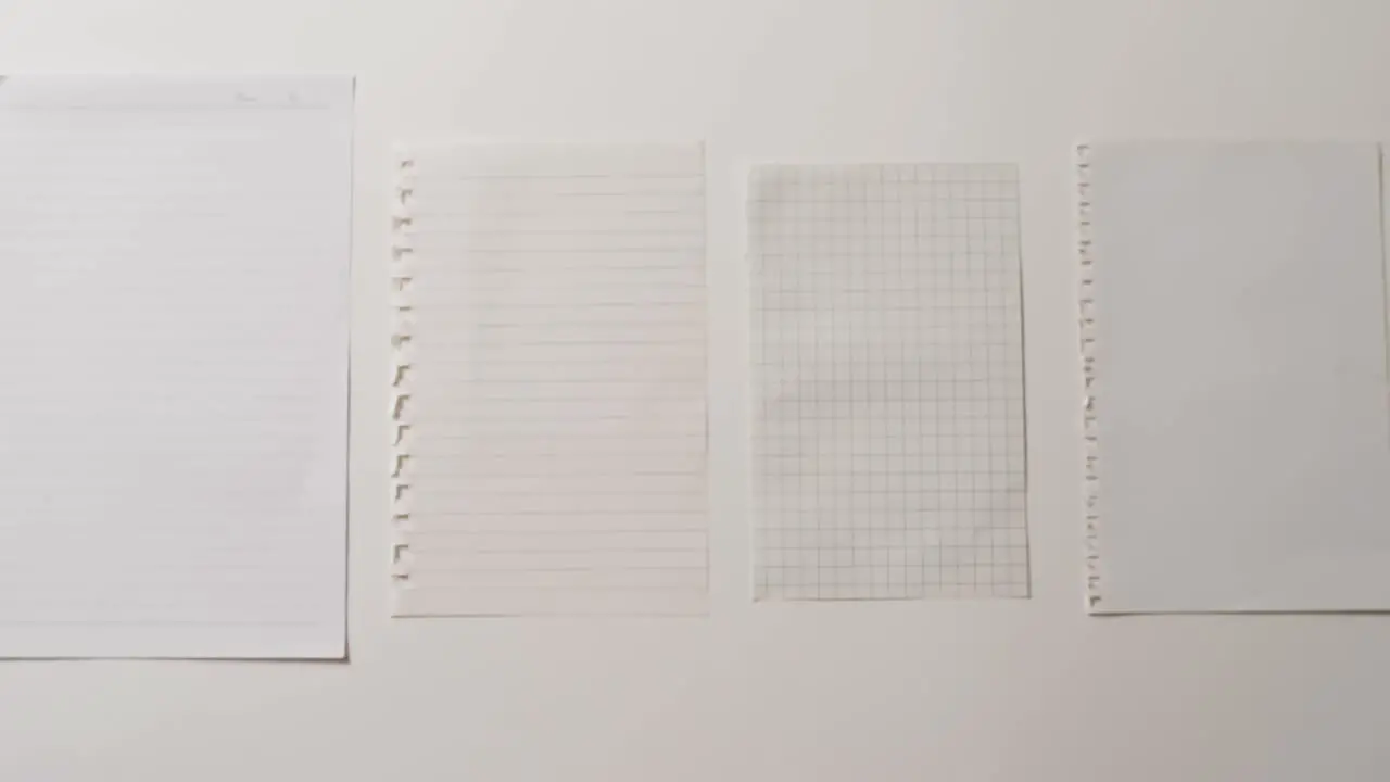 Video of close up of four sheets of notebook paper on white background