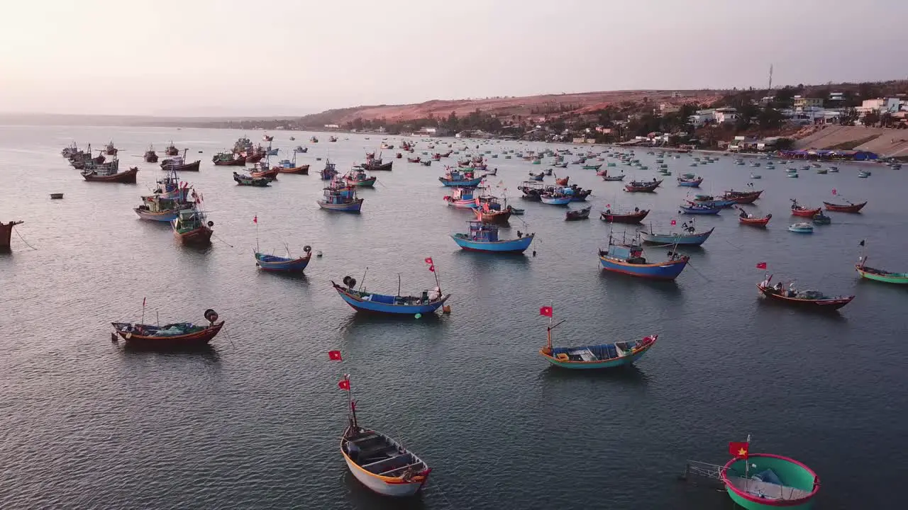 Calm Sunset Over Colorful Fisherman Boats At The Bay Of Mui Ne Vietnam