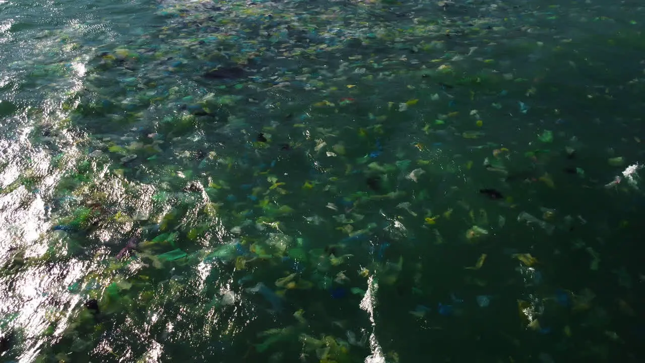 A closeup shot on the dirty sea waters countless plastic debris are floating close to the surface