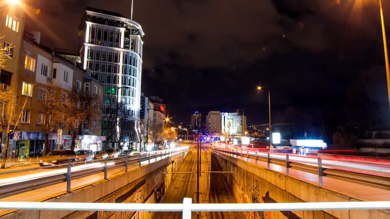 A night timelapse of Sofia Bulgaria with car trails from long exposure