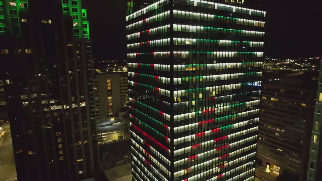 Aerial of Region's Christmas display at night in downtown Birmingham Alabama