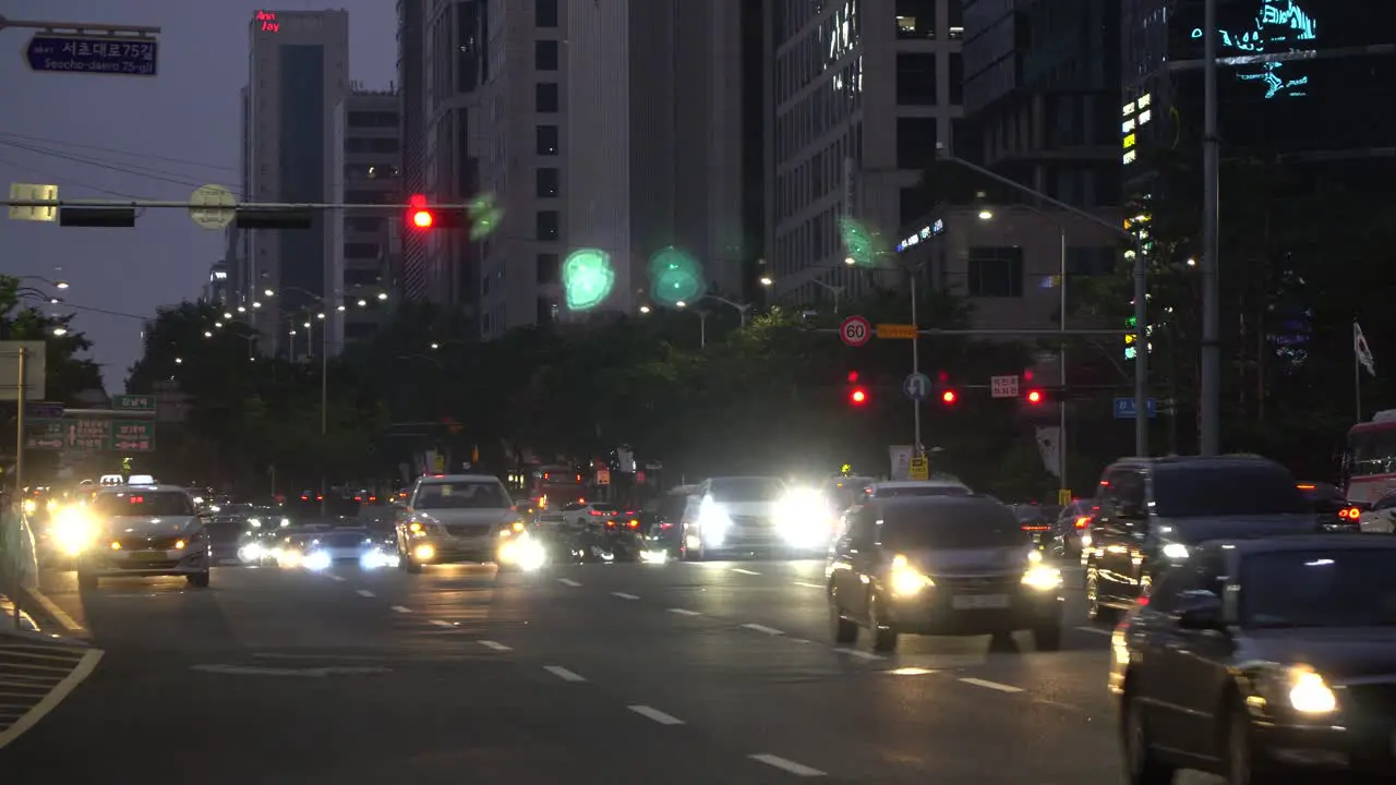 Many cars passing by at a multilane crossroads at Gangnam station Seoul South Korea