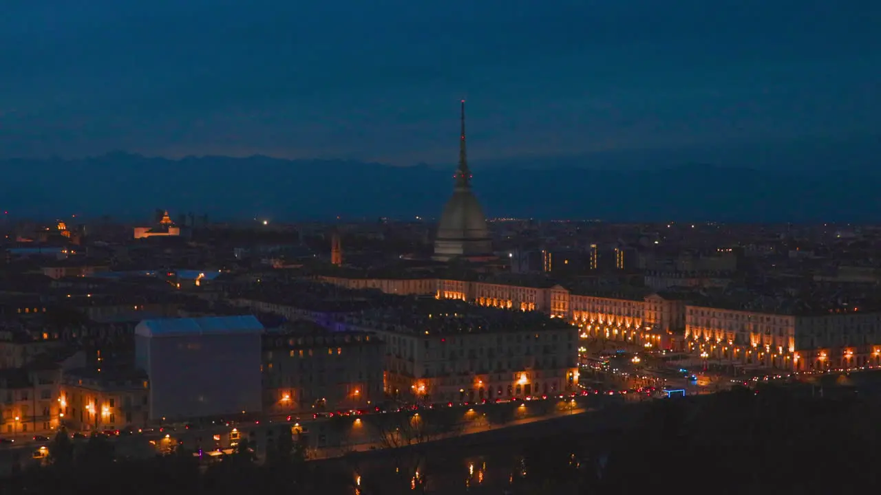 Turin city at night nighttime skyline overview Mole Antonelliana tower view