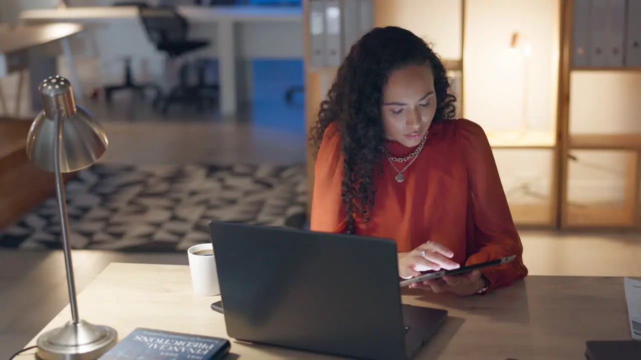 Office late night and woman with tablet