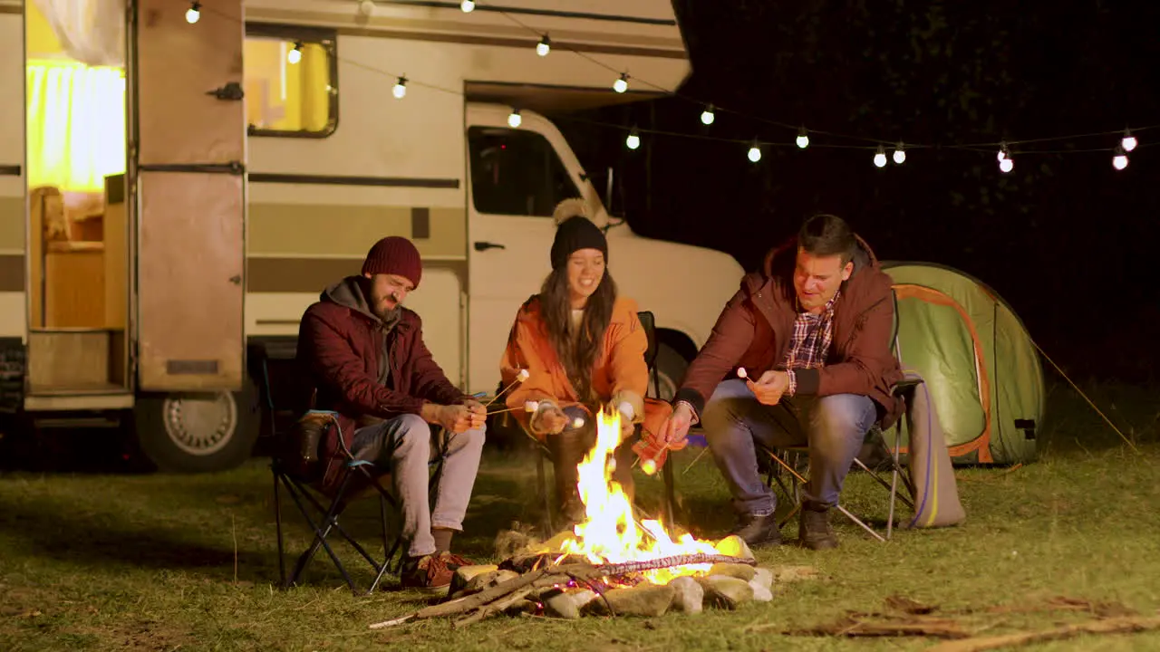 Group of happy friends around burning camping fire