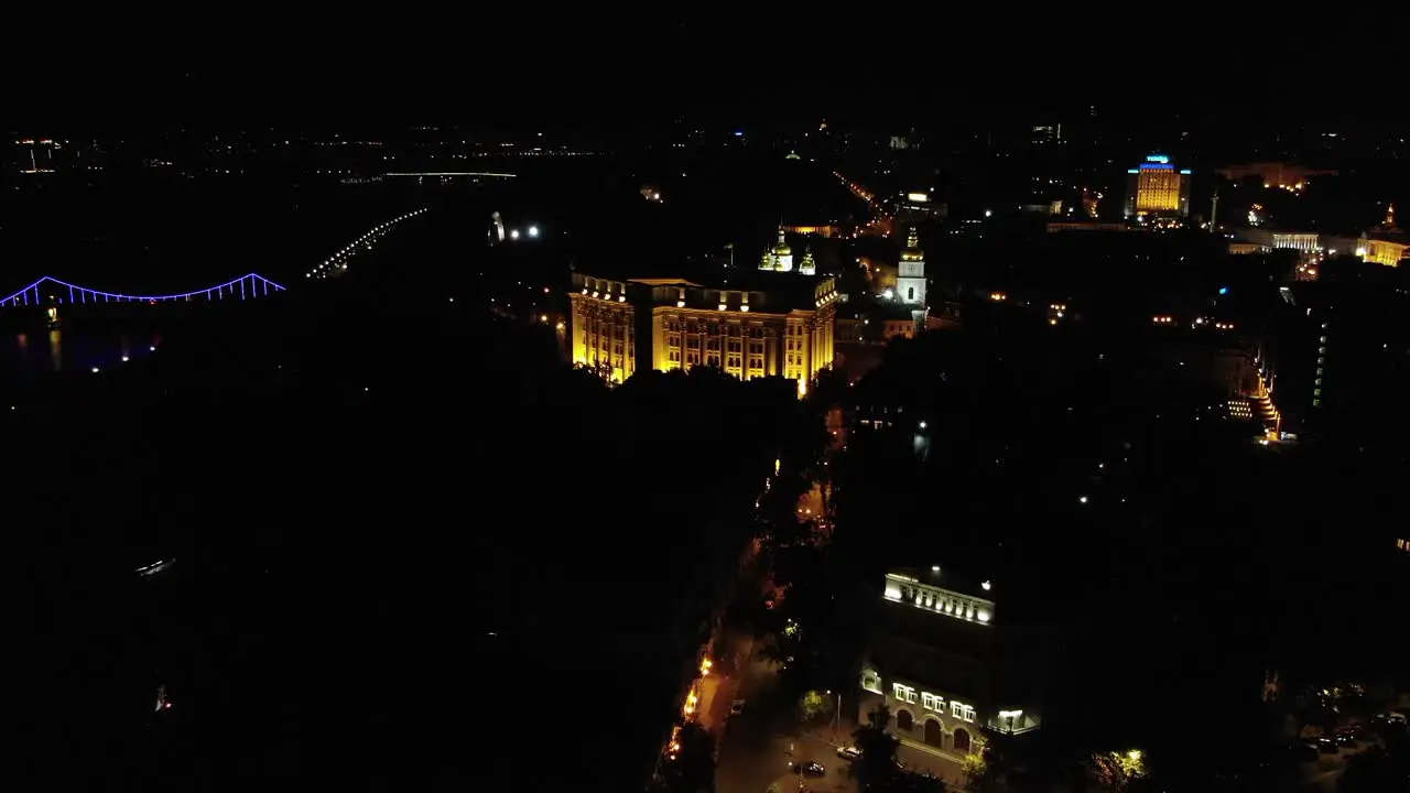 Aerial View of Kyiv at Night With Street Lights Building Lights and Bridge Lights