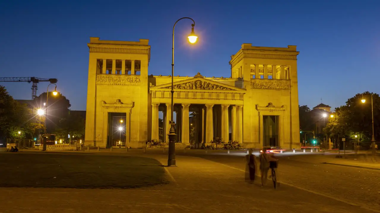 Propylaea at Königsplatz in Munich Germany Night Timelapse in 4k motionlapse right tilt