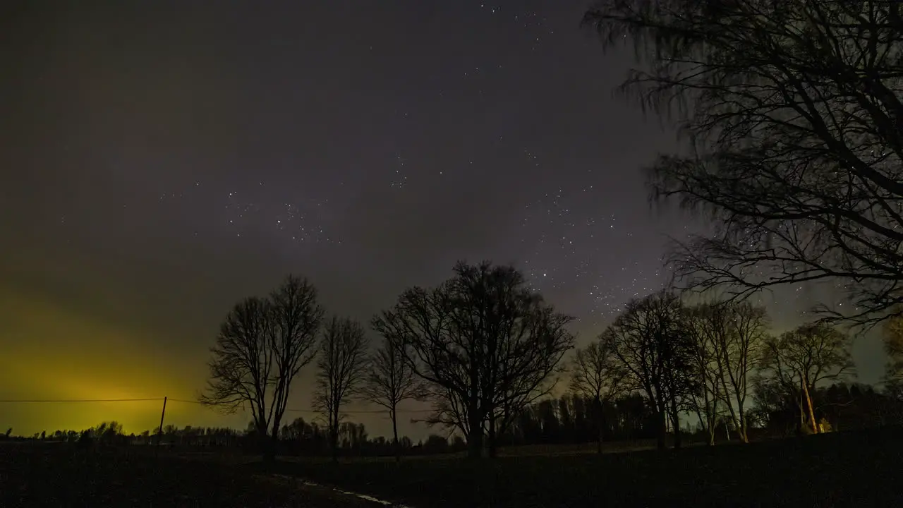 Timelapse of clouds covering beautiful starry night sky with trees