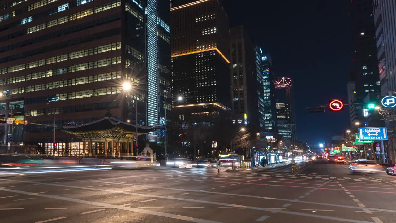 Gwanghwamun Station Crossroads Massive Night Cars Traffic Timelapse in Seoul Downtown South Korea