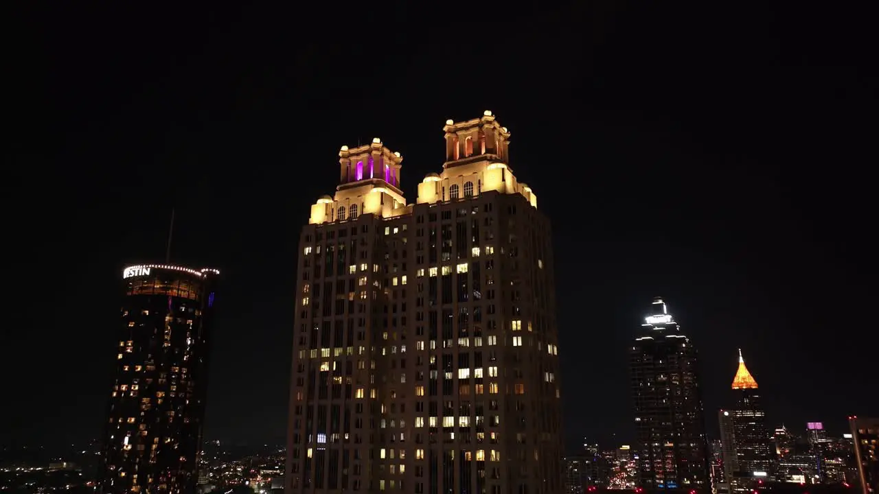 Drone shot of Atlanta Georgia famous skyscrapers at night Georgia