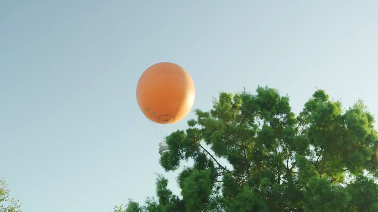 As the camera moves out from behind a tree we see the large orange balloon in the Orange County Great Park located in Irvine California