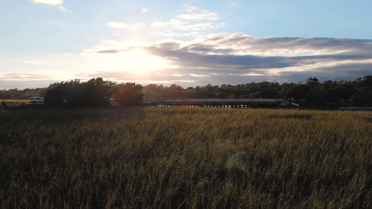 Sunset with flare push in at inlet with silhouette of trees and grass