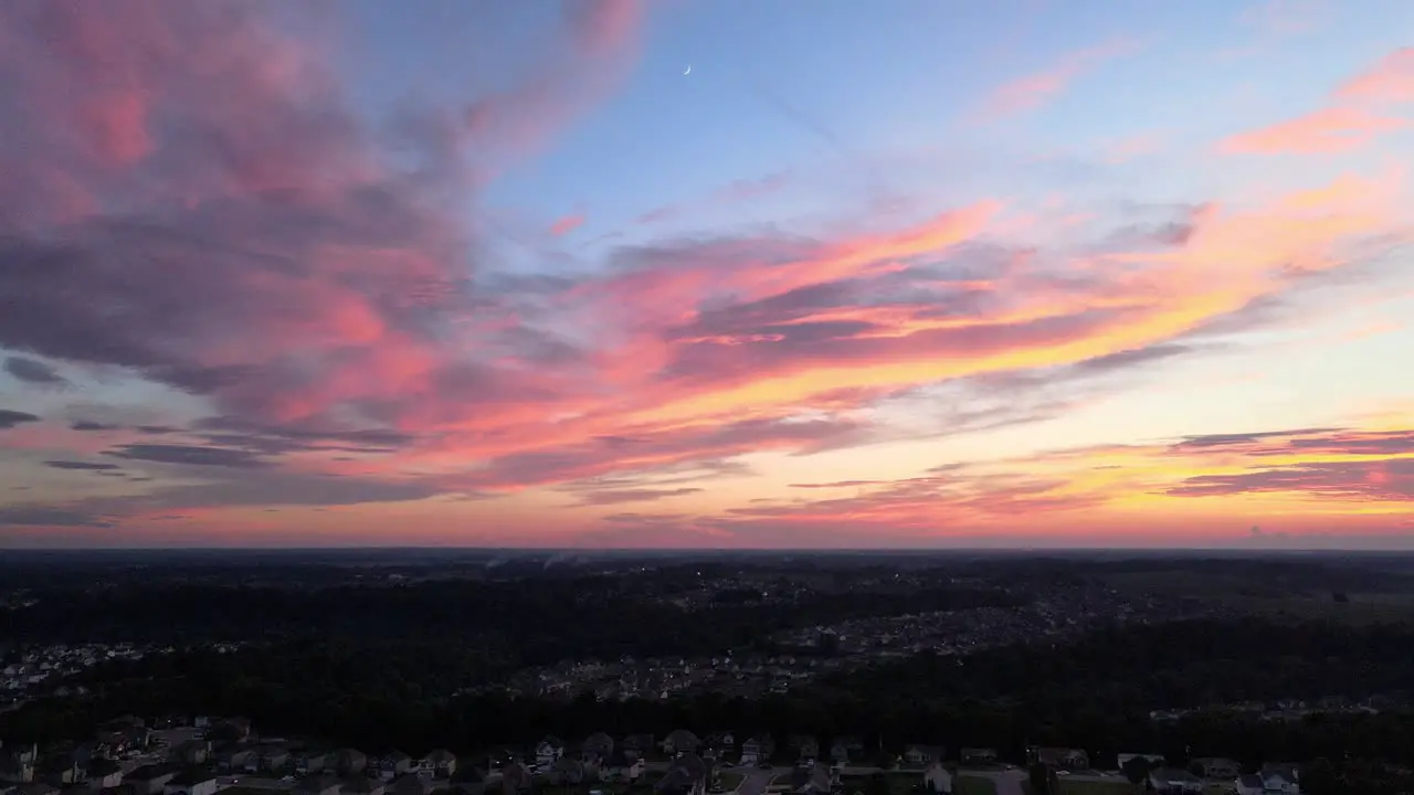 A pan from a drone of the sunset in Clarksville Tennessee