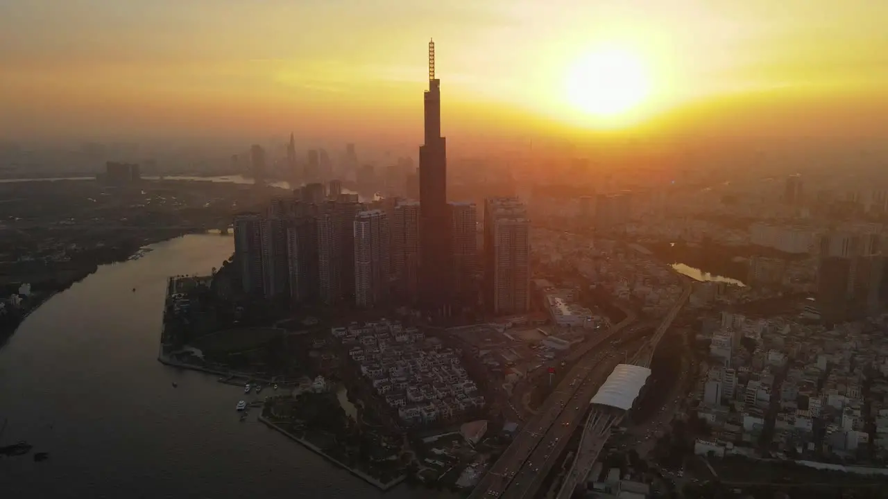 Aerial Drone in 4k over Ho Chi Minh City Saigon Skyline Vietnam