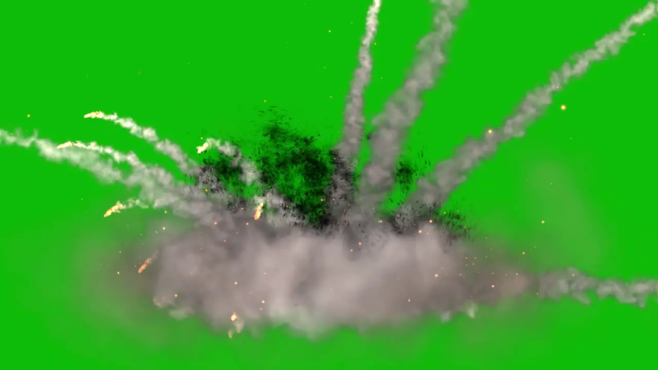 Visual effects VFX 3 ground explosions with fire debris and smoke on green screen 3D animation