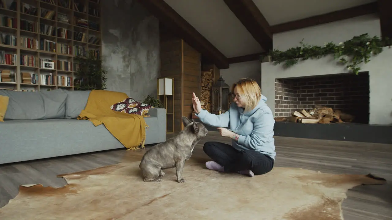 Rothaarige Frau Und Ihr Bulldoggenhund Auf Dem Teppich Auf Dem Wohnzimmerboden