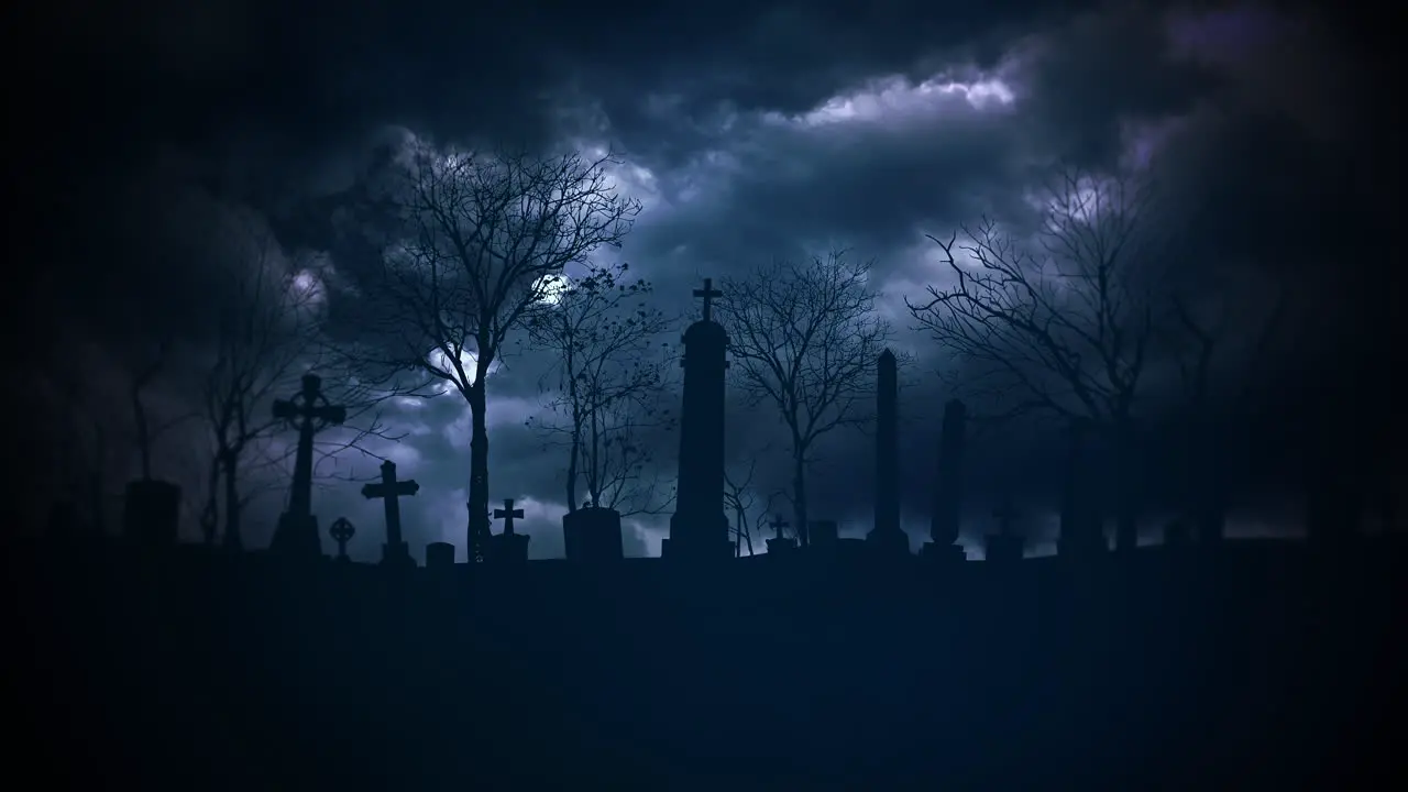 Mystical halloween background with dark clouds and grave on cemetery