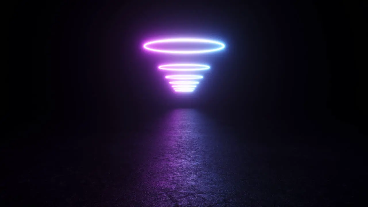 Purple neon rings of light suspended above the asphalt