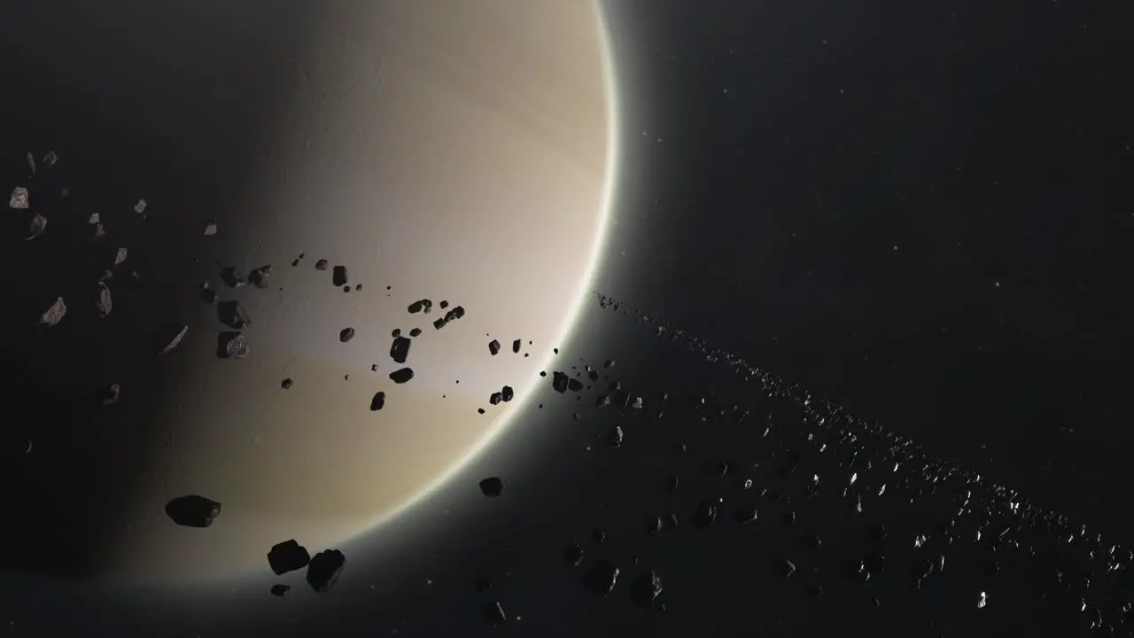 Cinematic Shot of Saturn and asteroids or rocks ring orbiting