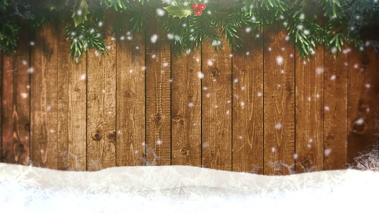 Animated closeup white snowflakes and wood background