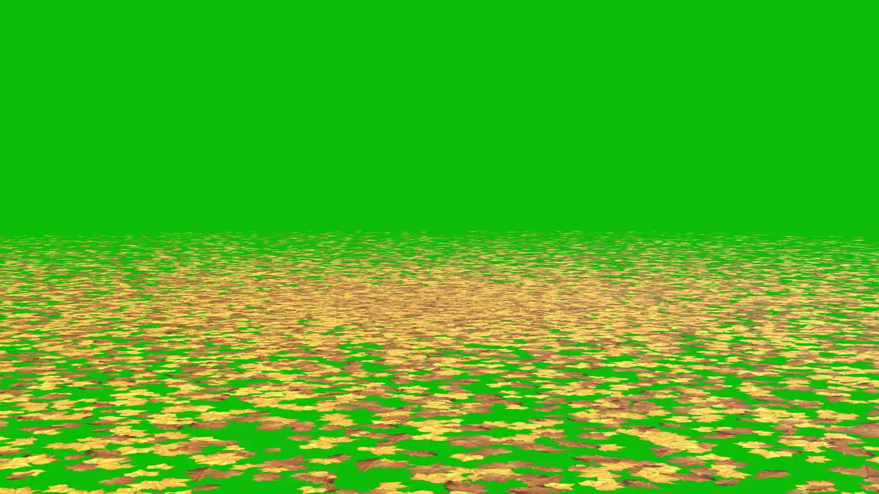 Visual effects VFX fallen autumn leaves on green screen starting blowing by air 3D animation