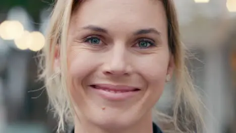 Woman smile and face in portrait with city lights