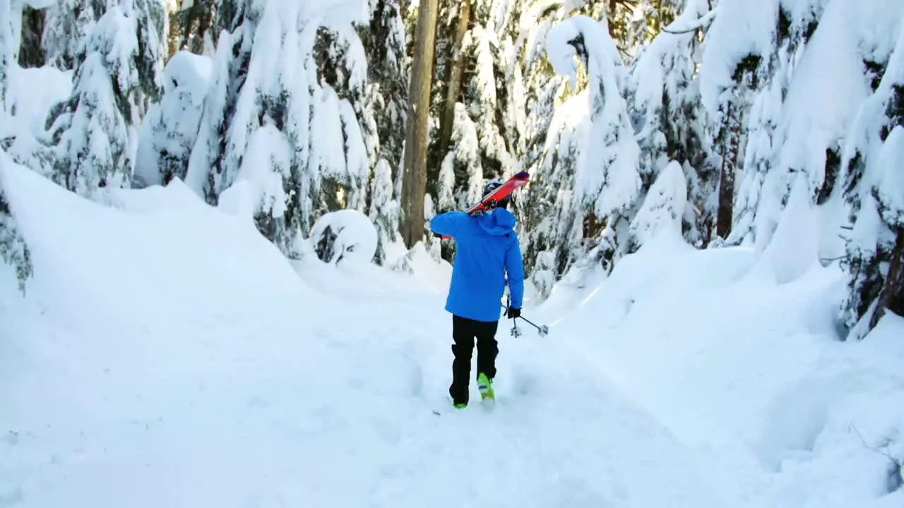 Rear view of person walking with snowboard and ski pole 4k