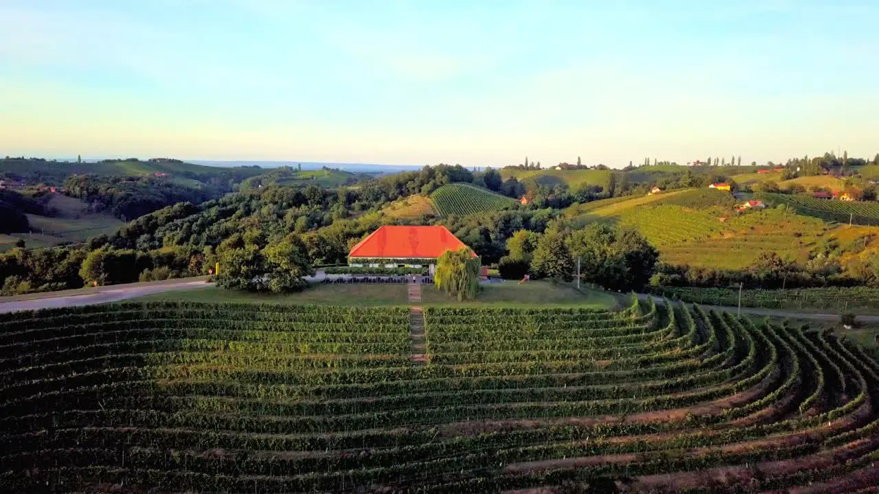 Aerial drone footage of wine cottage Malek which lies in the in the hills northeast of Ormož in northeastern Slovenia