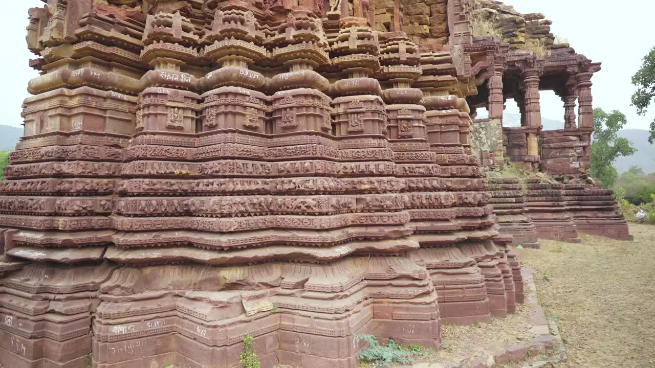 Pan shot of Beautiful Architecture on a temple wall at Bhand devra group of temples in Ramgarh of Baran district in Rajasthan India