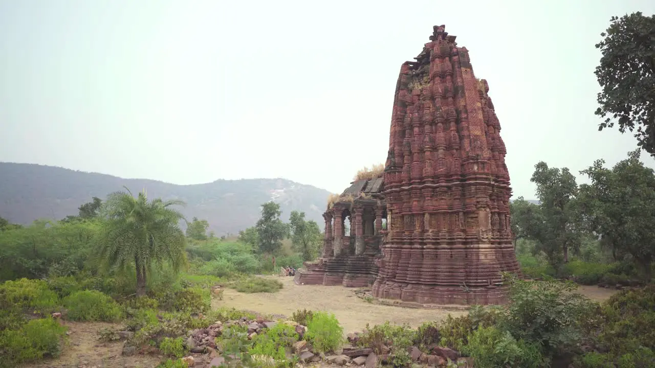 Pan shot of an Ancient Hindu Temple with Beautiful Architecture at Bhand devra group of temples in Ramgarh of Baran district in Rajasthan India