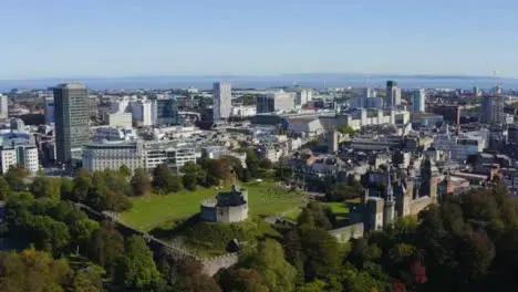 Drone Shot Rising Above Cardiff Castle In Wales 