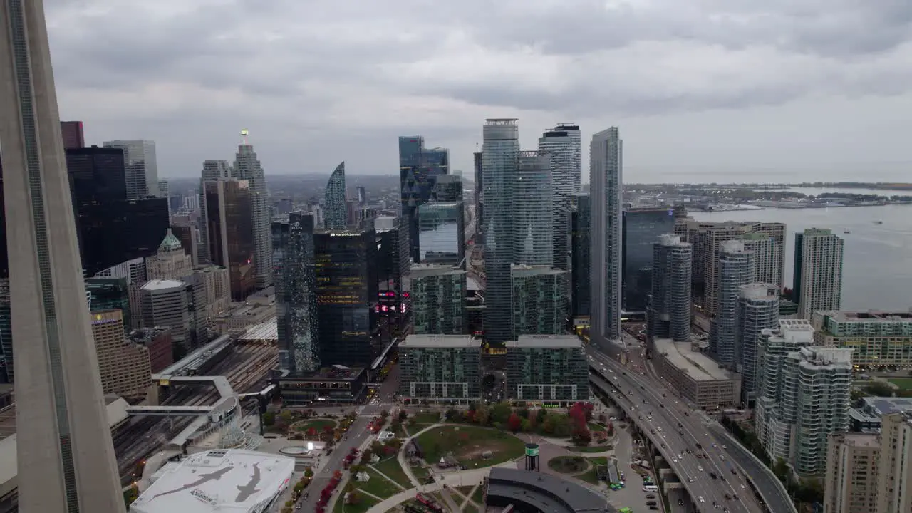 Aerial view of the train station museum in South Core Toronto cloudy day in Canada ascending drone shot