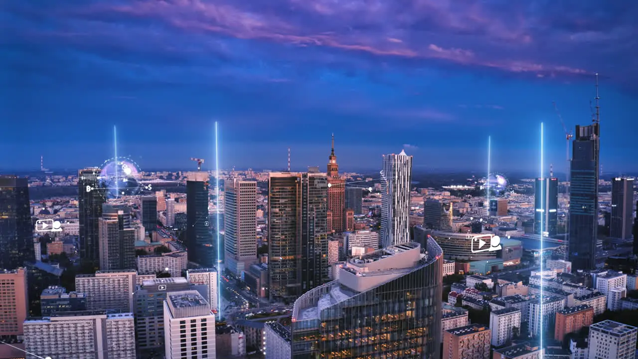 Amazing aerial panoramic hyperlapse shot of modern urban borough at twilight Clouds moving and changing colour above city Added visual effects Warsaw Poland