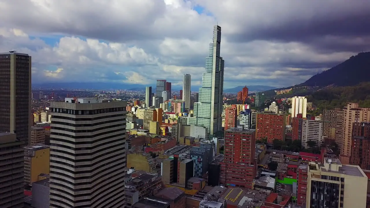 Beautiful aerial establishing shot of old buildings modern skyscrapers and neighborhoods in downtown Bogota Colombia 2