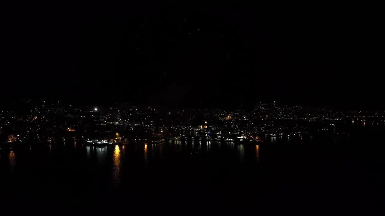 Wide angle aerial parallax of New Years fireworks in Bergen Norway