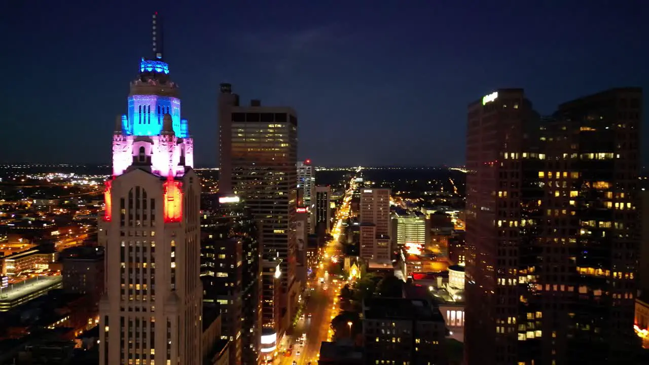 Aerial Downtown Columbus at Night Leveque Tower Ohio Statehouse City Lights